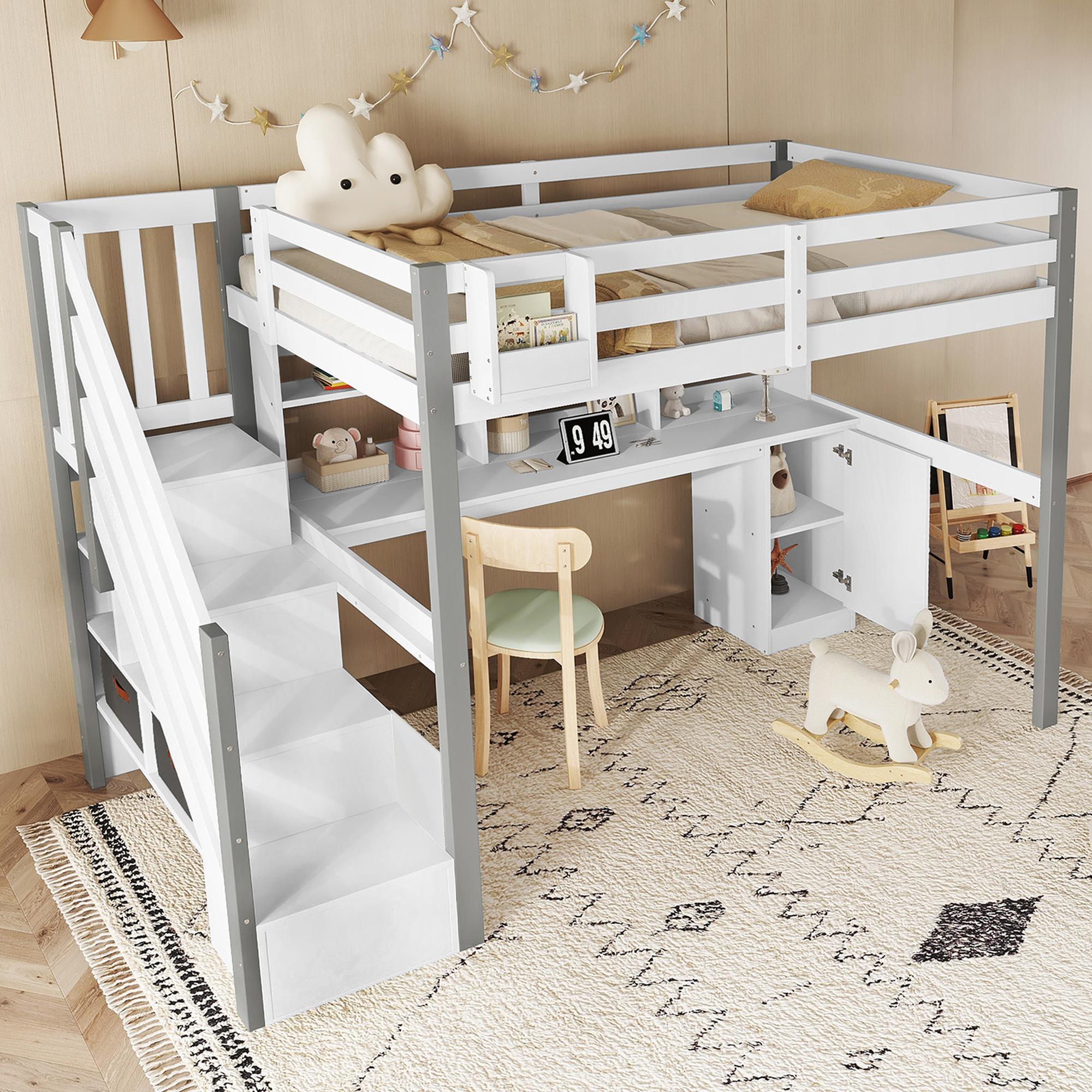 Merax Hochbett Etagenbett 90x200cm mit Schreibtisch, Kinderbett mit Schließfächern und Stoffboxen, Jugendbett mit Leiter und Regal,Bett mit Haken,Weiß