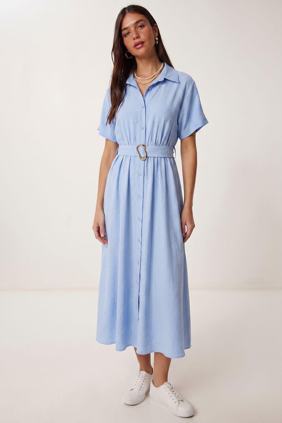 Gürteldress aus Popeline mit Midi-Länge
