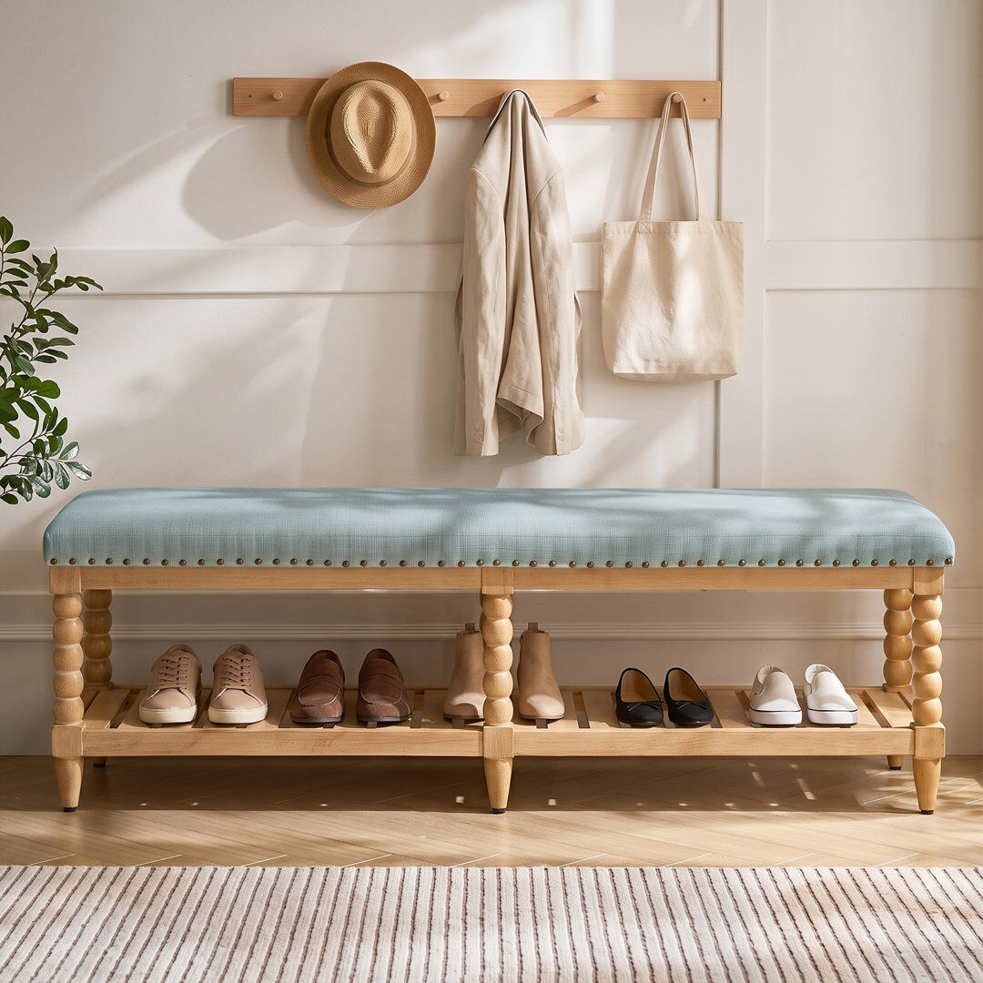 Lily Manor Delfina Farmhouse Solid Wood Open Storage Bench With Nailhead Trim Blue 48.26cm H X 147.32cm W X 41.27cm D