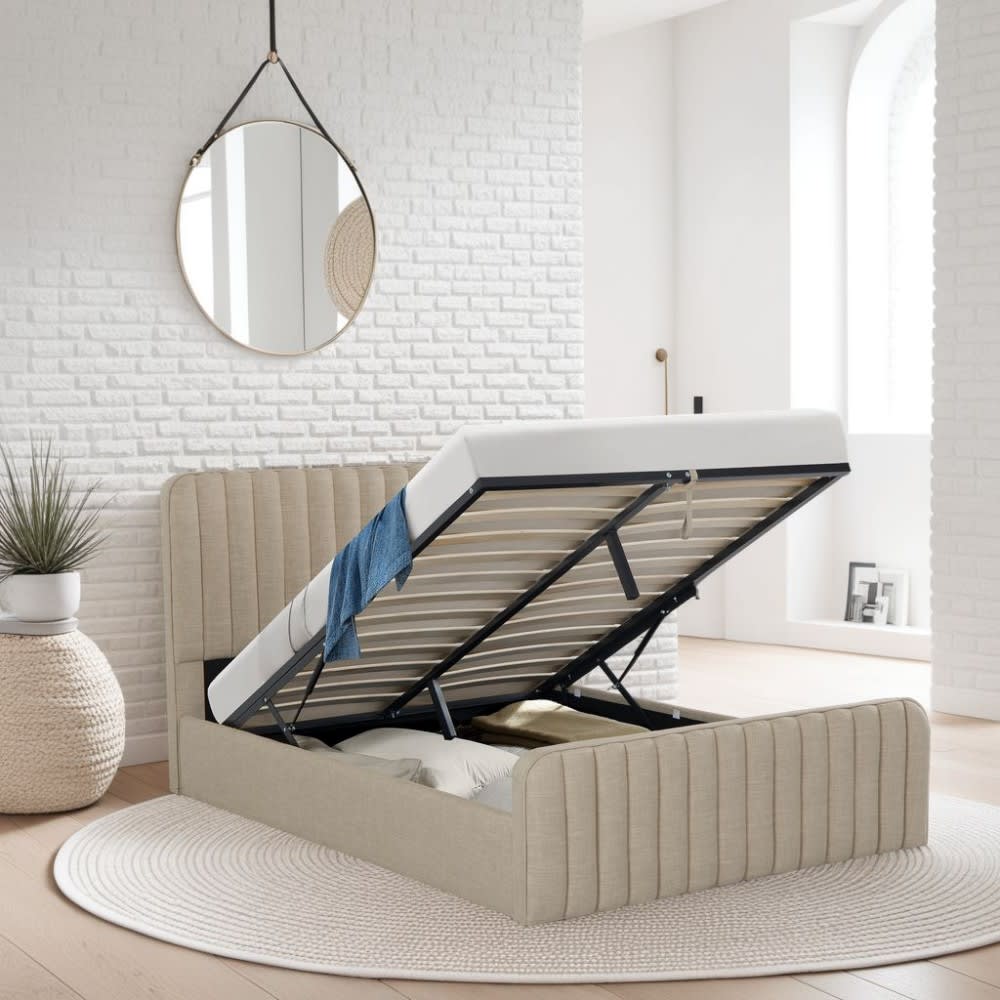 Weber industries Lit coffre, tissu beige, 160x200 cm Beige 219x112x169cm