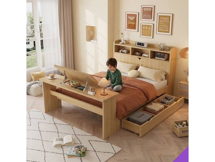 Lit coffre 140x200 en bois naturel avec rangement table rabattable et tiroir coulissant