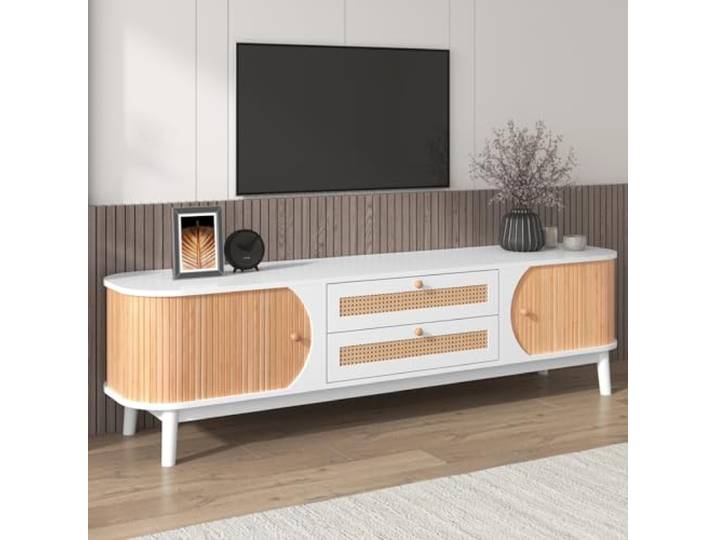 QLTXYHML TV-Möbel aus Naturholz, Rattan, 2 Schubladen und 2 Türen