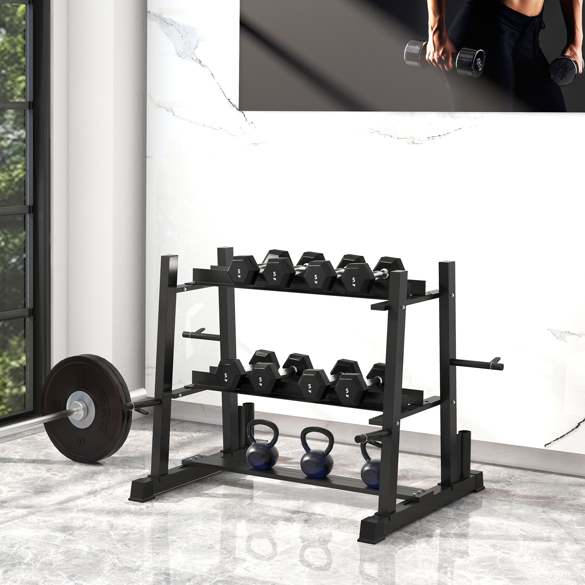 Sportnow Rastrelliera per Manubri in Acciaio con 4 Aste Regolabili per Pesi e Kettlebell, 131x75x80 cm, Nero Aosom