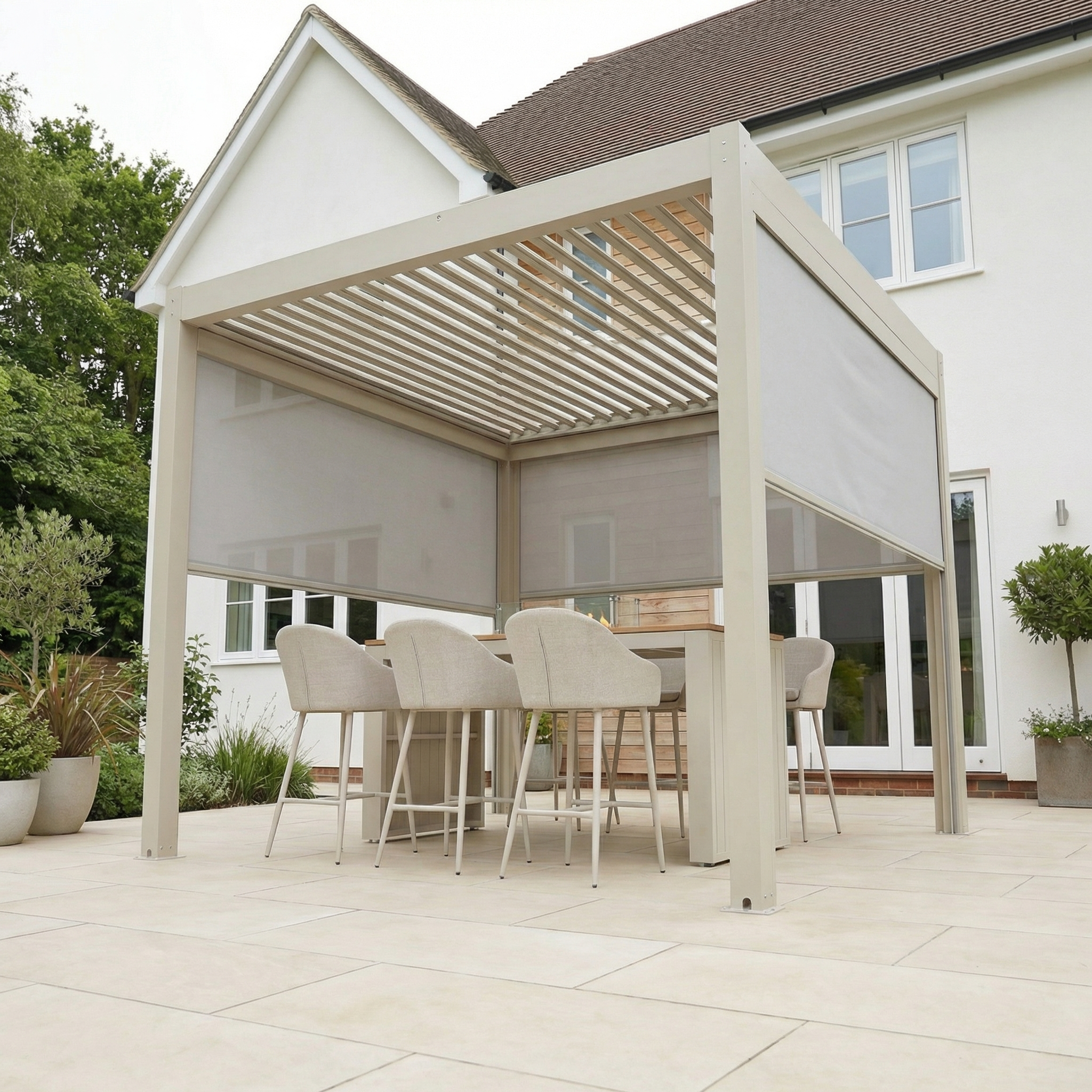 Harbour Lifestyle PergoSTET Plus 3m x 3m Square Pergola with 3 Manual Side Blinds and LED Lighting in Latte