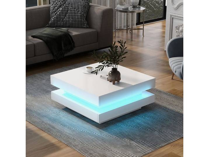 Table basse carrée blanc avec plateau pivotant-style Techno moderne avec lumière LED 70x70x36cm Table rotative à 360 degrés