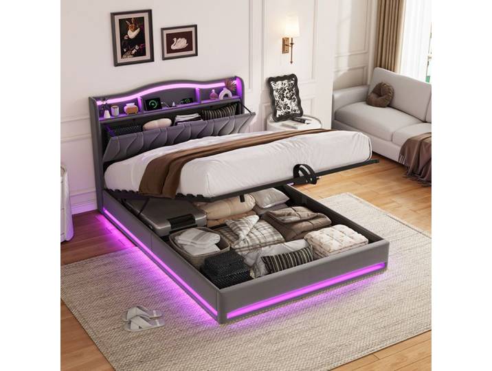 lit coffre hydraulique140x200led usb-FOERPL-lit double adulte avec sommier et rangement lit capitonné rembourre et led 2 personnes