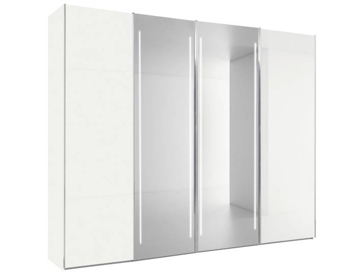 Dieter Knoll Schwebetürenschrank, Weiß, Glas, 8 Fächer, F, warmweiß, 300x236x68 cm, in verschiedenen Größen erhältlich, Beleuchtung, Holzdekoren Schrankfront mit Spiegel, Schlafzimmer, Kleiderschränke, Kleiderschränke mit Spiegel