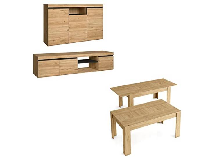 Skraut Home Wohnzimmermöbel natürliches Modell Sideboard, TV-Möbel, Couchtisch und ausziehbarer Esstisch nordischer Stil Eiche und Schwarz