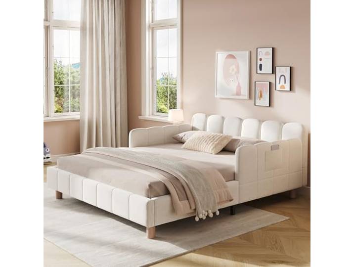 Guishanlihua Polsterbett, Kinderbett 140 x 200cm, Bett mit und gepolstertes Kopfteil und Rausfallschutz, Bettbeine aus Massivholz, Samt, beige