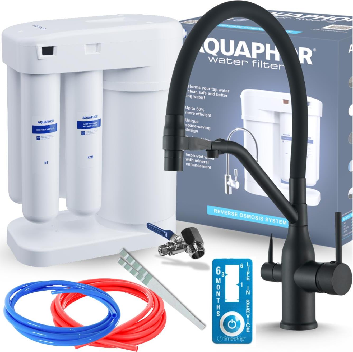 Wasserfilter Set Morion mit 3-Wege Küchenarmatur Magneto Schwarz, Umkehrosmose, Wasserfilter-Anschluss, ausziehbare Brause