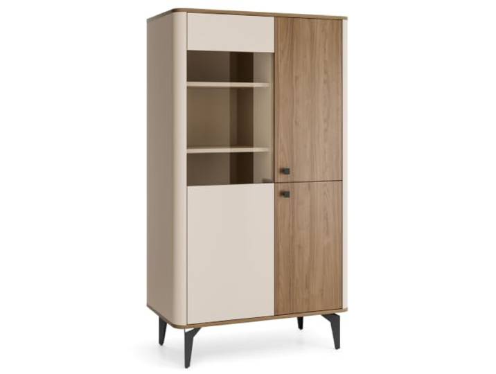 BEAUTY SOFA Vitrine Aurora 88 cm mit Hartglas, Vitrinenschrank mit Tip-ON und schwarzen Metallbeinen, Cashmere/Royal Nussbaum