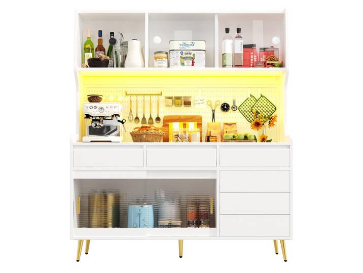 Evryae Buffet Sideboard Schiebetür Glas LED 60000 Farben Metallbeine Lochplatte Stauraum, Weiß, Rechteckig, rund, 144.9x171x39 cm, Esszimmer, Anrichten, Buffetschränke