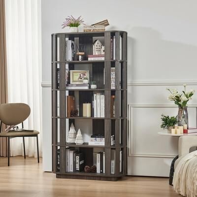 Wooden Oval Open Bookshelf, MDF Grid Frame Freestanding Bookcase, 5-Tier Easy Assembly Storage Display Rack