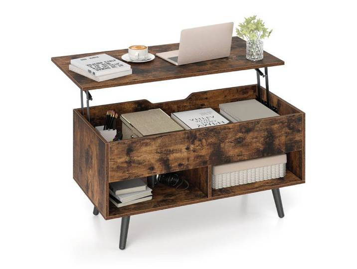 GOPLUS Table Basse Relevable à Bar à Gaz avec Plateau Relevable Table Basse avec 1 Compartiment Caché et 2 Étagères Ouvertes Marron