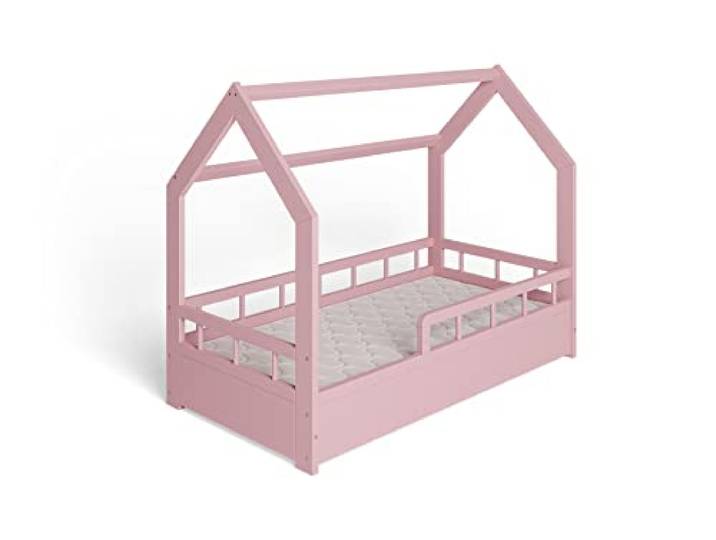 ms factory Hausbett Kinderbett 70x140 cm mit Rausfallschutz und Lattenrost - Einzelbett aus Kiefernholz für Mädchen und Junge - Rosa