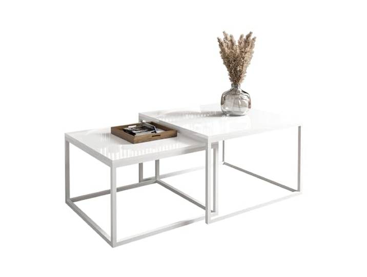 Lookway Couchtisch Yoshi 2in1 – Weiß Hochglanz Tischplatte auf stabilem Metallgestell, moderner Wohnzimmertisch, platzsparend und stilvoll (Weißes Gestell, 40 cm / 46 cm)
