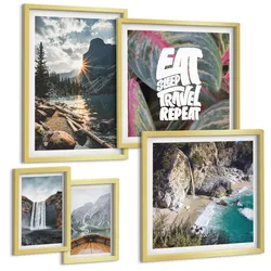 BILDER SET 5er Set - 50x50 cm & 20x30 cm & 40x60 cm Goldrahmen - Wasserfall Bergreise Natur