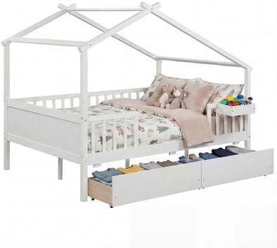 Costway Full Size House Bed with Roof and Fence Rails for Kid-White