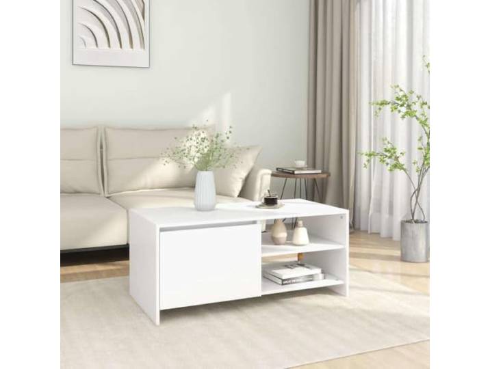 pokgdf Couchtisch Weiß 102x50x45 cm Holzwerkstoff mit Stauraum Modernes Design, robuste Konstruktion, Ablageflächen, Fach mit Tür, pflegeleichte Oberfläche