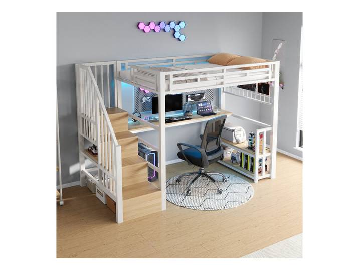HAUSS SPOLE Hochbett 90x200 Stauraumtreppe mit LED,Einzelbett Kinderbett mit Schreibtisch
