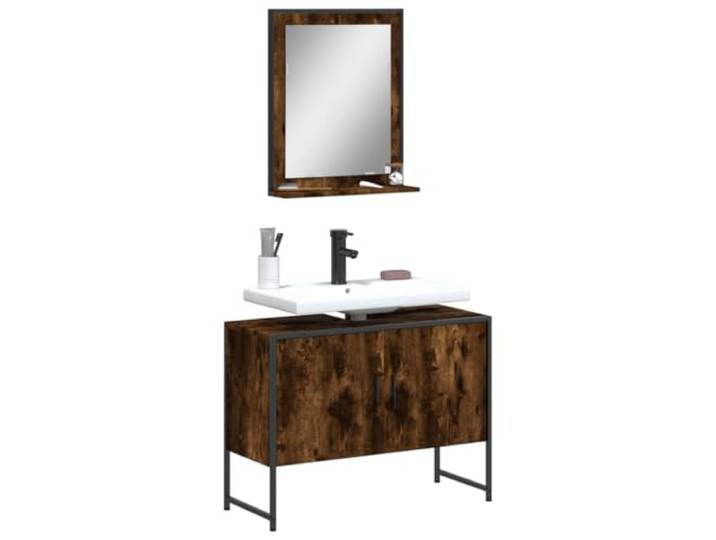 2-tlg. Badmöbel-Set Räuchereiche Holzwerkstoff mit Spiegel und Schrank Pulverbeschichteter Stahl, stabile Konstruktion, viel Stauraum, Spiegel mit Ablage, Wandmontage mit Halterung