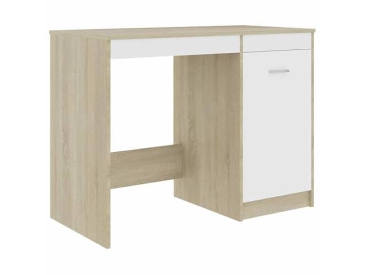 Schreibtisch Weiß Sonoma-Eiche 100x50x76 cm Holzwerkstoff Integrierter Schrank, reichlich Stauraum, Holzwerkstoff, leicht mit feuchtem Tuch reinigen, modernes Design