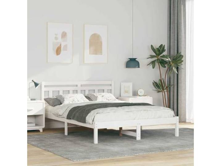 Massives Kiefernholz Bettgestell mit Kopfteil Modernes Minimalismus Design Bettrahmen Weiß 140x190 Massives Kiefernholz Bettgestell mit Kopfteil und Lattenrost Stabile Plattform Bett für Schlafzimmer