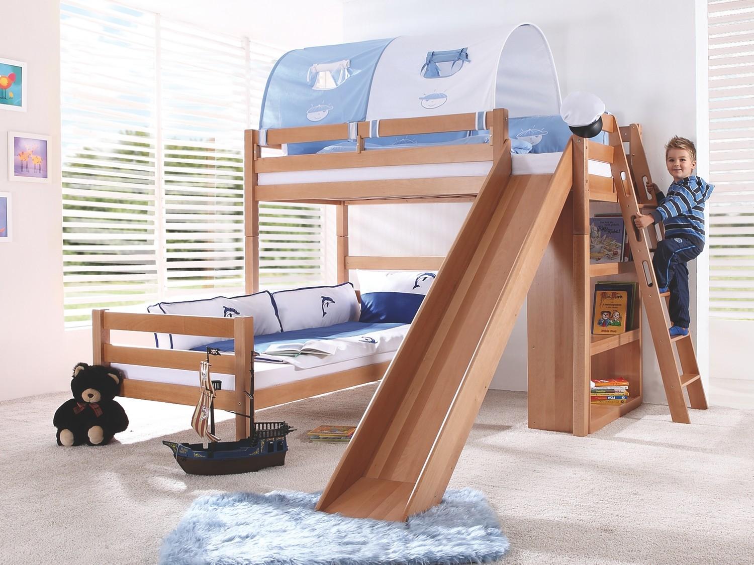 Etagenbett Sky Buche massiv Natur lackiert mit Tunnel