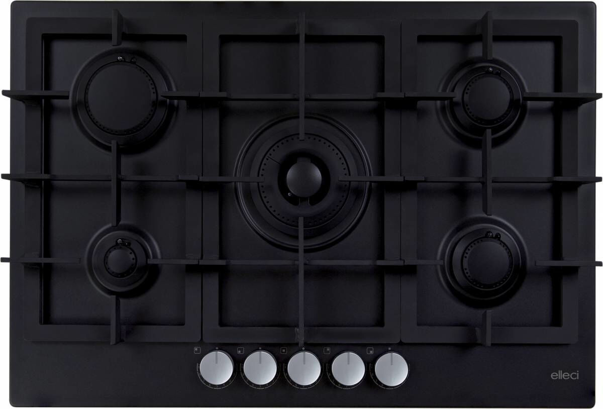 elleci Pgpp75140cs Piano Cottura 5 Fuochi A Gas Larghezza 75 Cm (1 Bruciatore Tripla Corona) In Keratek Colore Nero - Pgpp75140cs Plano Plus 75 G40