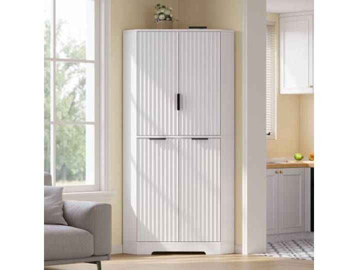 Merax Eckschrank, Schmal Küchenschrank mit 4 Türen und Verstellbaren Einlegeböden, Sideboard mit Wellenrillen-Design, Küche, Esszimmer & Wohnzimmer, 60x60x172cm, Weiß
