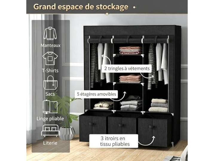 Armoire en tissu non tissé pliante - URTR - 3 tiroirs 125x43x162 5 cm gain de place pratique et élégante - Noir