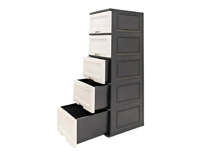 ABBAware Kommode 44x50x127 cm mit 5 großen XXL Schubladen, 40 Liter pro Schublade, in edlen Schwarz/Weiß Farben und feiner Kiefernholz-Optik der Umwelt zuliebe aus recyclebarem PP Kunststoff