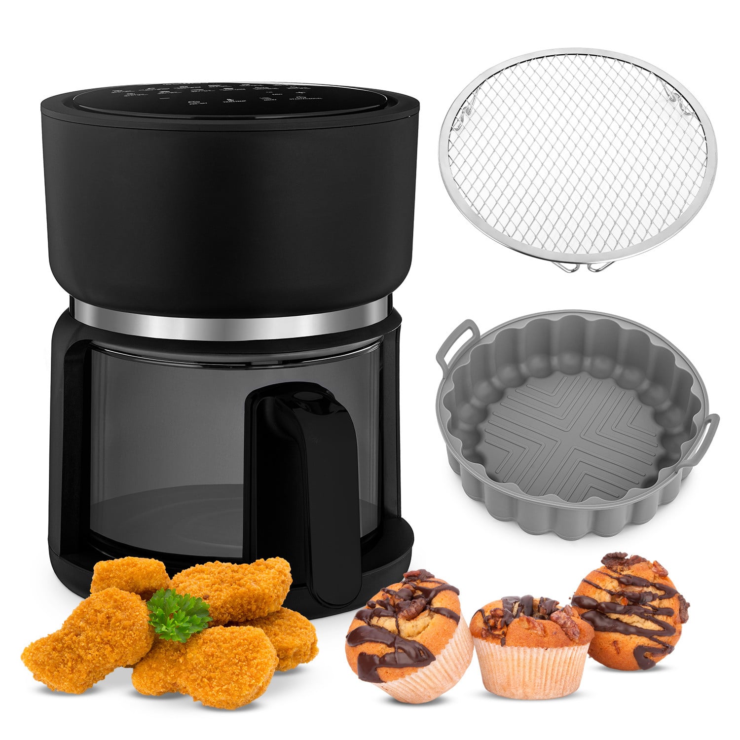 4Swiss ABB-G24 Pure Glass Heeteluchtfriteuse met glazen lade, 3 liter, 1200W, Touchscreen, Wit