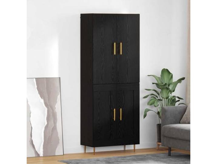 RJPLMFV Oberer Schrank Eiche Schwarz 69,5 x 34 x 180 cm Holzwerkstoff, Griffe aus Messing, Aufbewahrungsregale für Wohnzimmer und Esszimmer