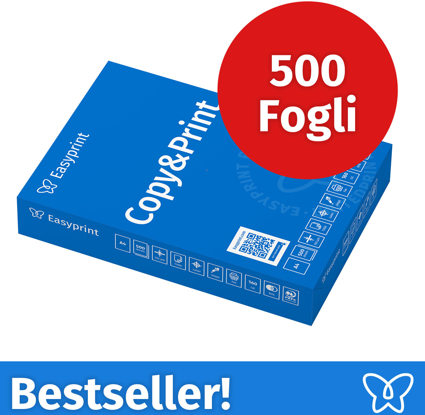 NUOVO! Carta per stampanti Easyprint Carta per fotocopie 500 fogli 1 x 500 A4 Premium bianco brillante Vincitore del test CIE 160 Certificato ambientale 100% PEFC