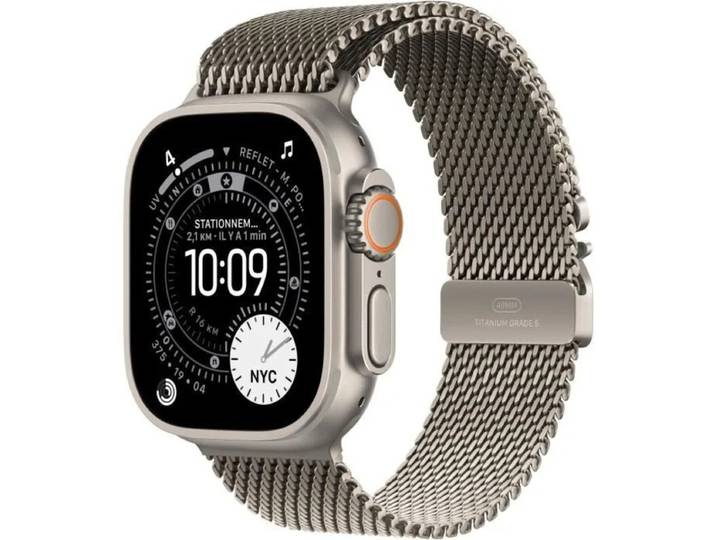 Apple Watch Ultra 3 GPS + Cellular 49 mm, boîtier en titane naturel avec bracelet Milanais en titane naturel - Large