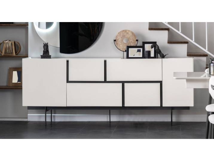 Xlmoebel Sideboard XLMOEBEL schwarz-weiße Anrichte aus Holz mit Glas und Schubladen (Anrichte, Anrichte 220 x 46 x 86 cm), Made in Europa