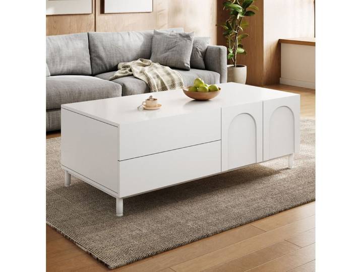VUENOR Table basse rectangulaire blanche 100x50 cm avec 2 tiroirs et 2 portes