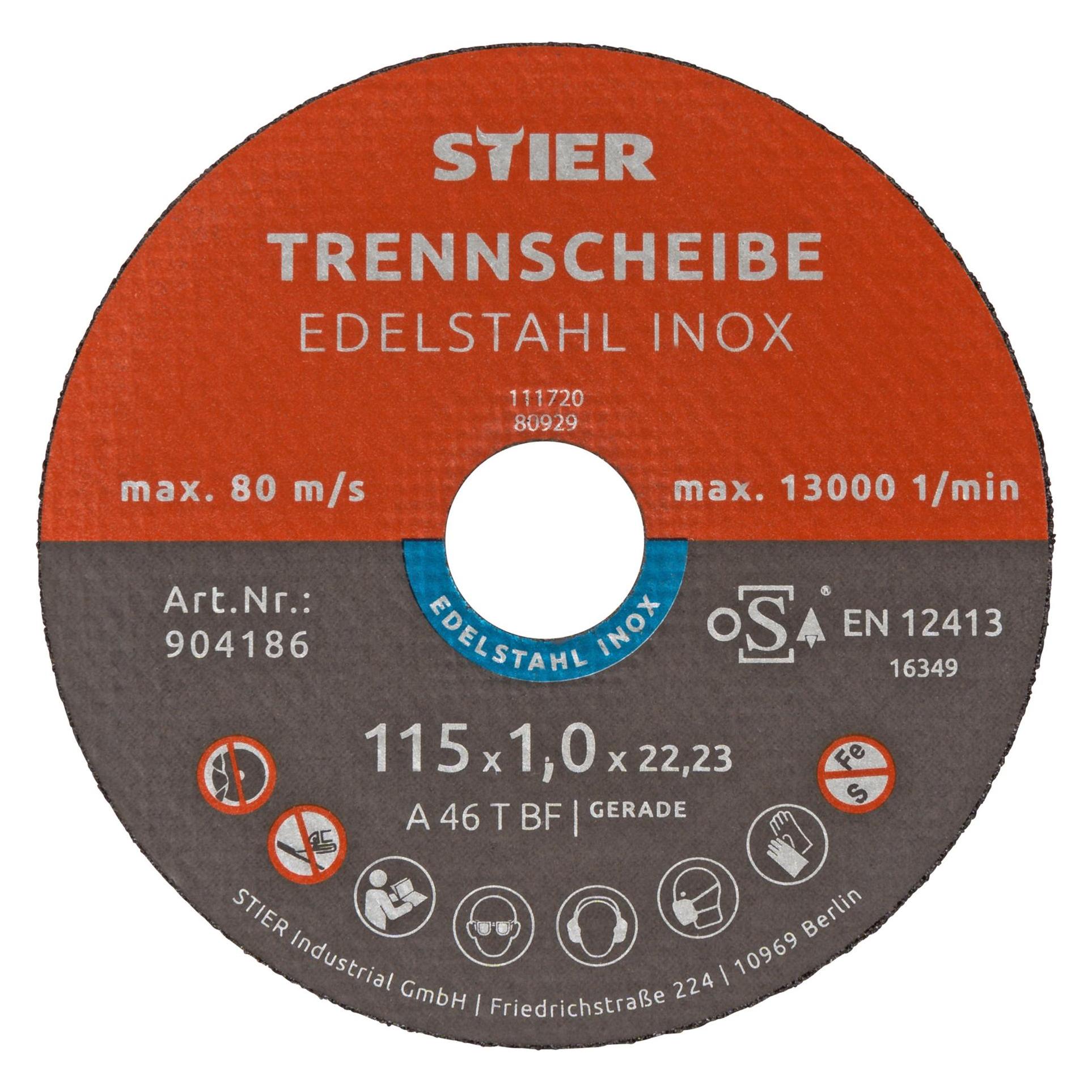 Stier Trennscheibe / Flexscheibe 115 x 1,0 x 22,23 mm gerade Inox / Edelstahl (55520084)