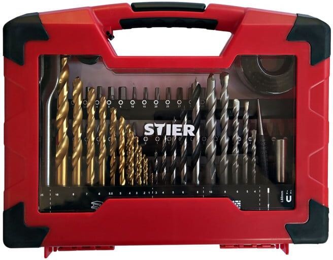 STIER Basic Jeu de forets STIER, scies et embouts en titane, 100 pièces, 28 forets, HSS-TiN, jeu d'embouts, valise à outils (903120)
