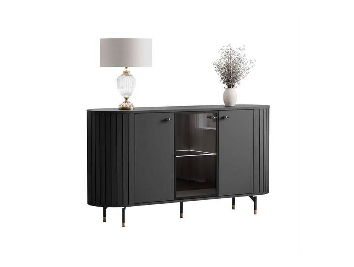 yourhouse24 Kommode LINNEA 150cm 3D LED & Glas Runde Ecken Kaschmir/Schwarz