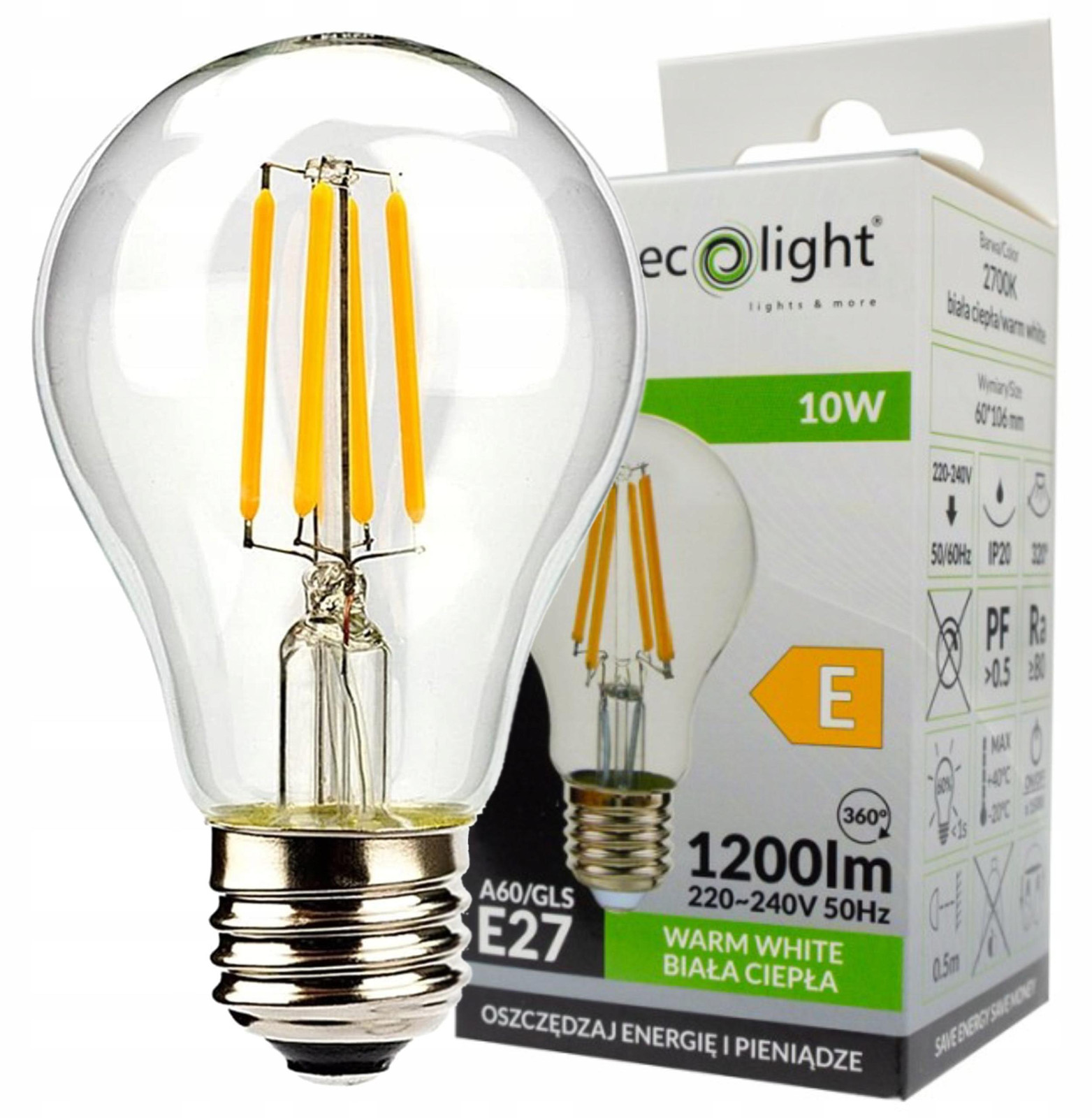 Eco Light LED-lamp Filament Classic E27 10W 2700K 1200 lumen Warm wit licht