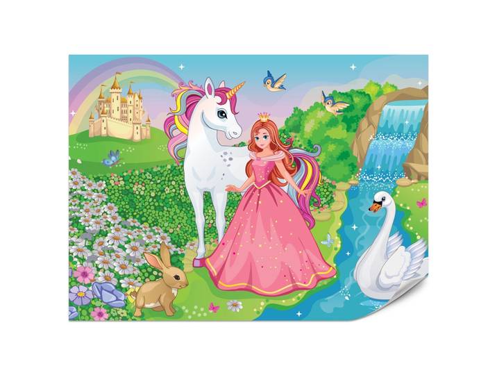 FOTOTAPETE für Kinderzimmer Prinzessin Einhorn Schloss Wasserfall Blumen 200x140
