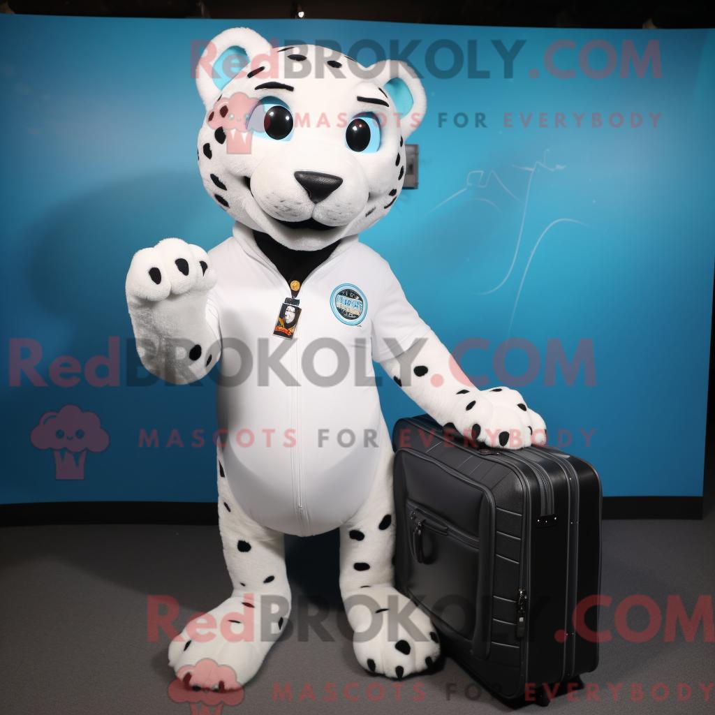 Maskottchen REDBROKOLY eines weißen Jaguars mit T-Shirt und Aktentasche