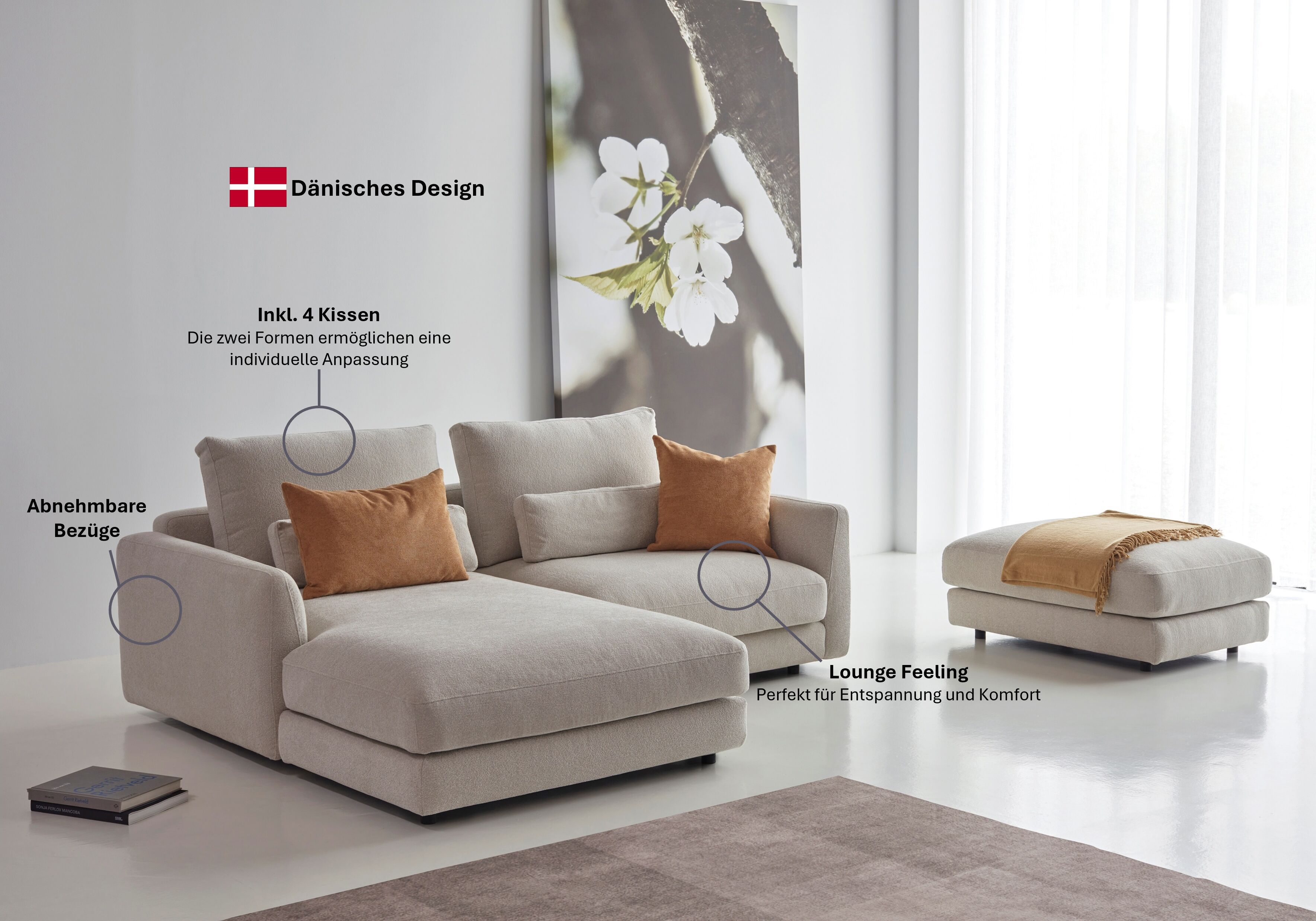 Ecksofa TENKSOM "Polsterecke, L-Form, Eckcouch, mit Federkern, inkl. Kissen", beige, B:225cm H:68cm T:171cm, Sofas, Ecksofa, legerer Sitzkomfort zum Entspannen und Verweilen