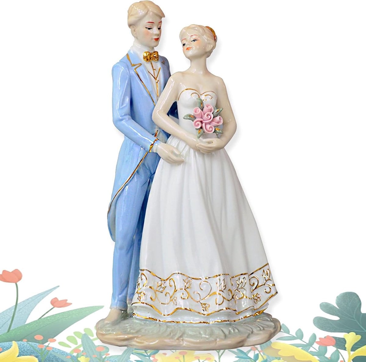 Handgemaakt Keramisch Liefdespaar Sculptuur - Witblauw - Hoogte: 26,9 cm
