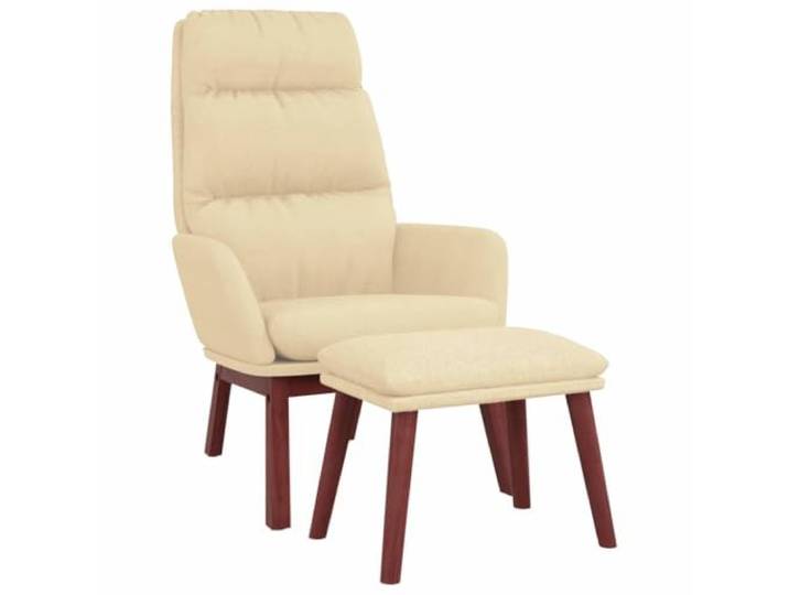 Relaxsessel mit Hocker Creme Stoff Metallrahmen,Beine aus massivem Kautschukholz,atmungsaktiver Stoffbezug,gepolsterte Armlehnen,flexibel stellbarer Hocker