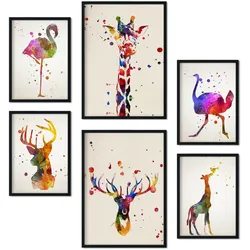 POSTER Set Mit 6 Von Aquarelltieren Sammlung A3 & A4 Rahmenlos