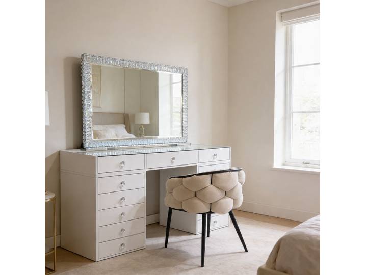 Coiffeuse Homeluxury Avec Miroir Led Crystal 120cm - Blanche Vitrée 150cm Avec 13 Tiroirs