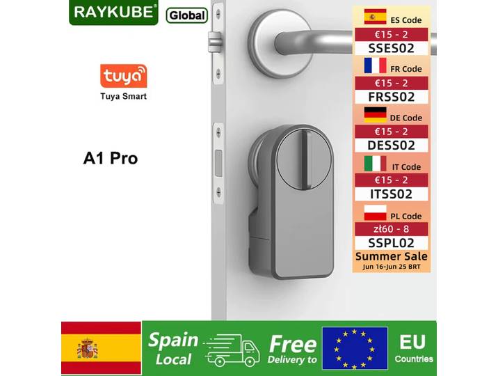 RAYKUBE A1 Pro Tuya Bluetooth serrure de porte intelligente Tuya/application Smart Life déverrouiller aucun perçage requis livraison depuis l'espagne vers l'ue Countri